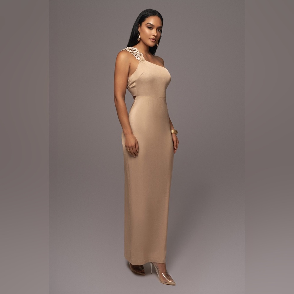 JLUXLABEL One-Shoulder Taupe Braided Strap Gown